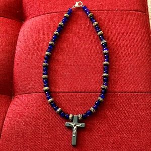 Blue beaded necklace with cross(crucifix) pendant